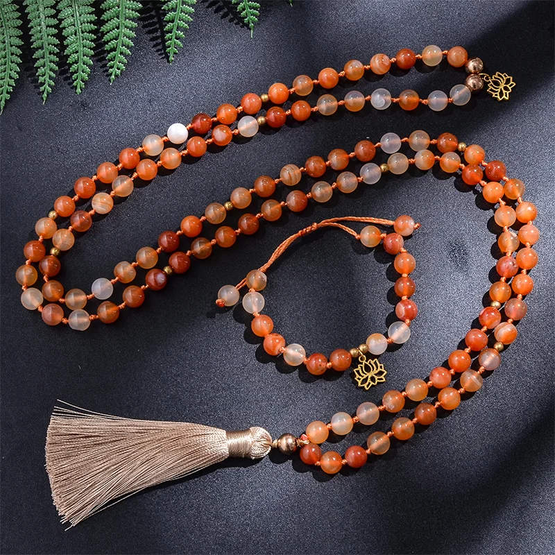 Collier perlé en Agate Orange de 8mm, collier japonais, méditation, Yoga, bénédiction, esprit, ensemble de bijoux 108 Mala pour femmes, chapelet Lotus, pendentif