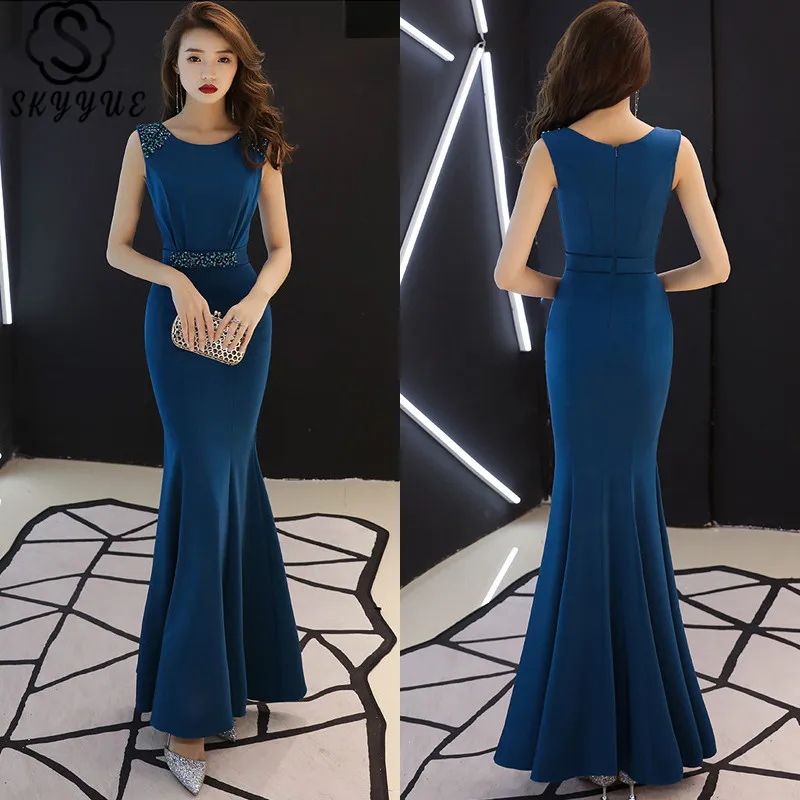 

Skyyue Evening Dress Sleeveless Solid Mermaid Dress O-Neck Beading Formal Dress Women Elegant Floor-Length Eveing Gown TR044