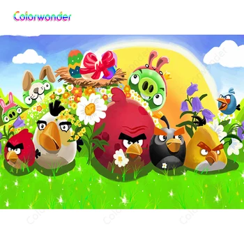 

Oil Pating Easter Part Backdrops Photography Green Pigs Wearing Rabbit Ears Colorful Birds with Angry Blue Sky Yellow Moon Photo