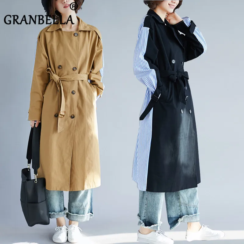 

2019 Fashion Stitching Loose Female Windbreaker Chic Patchwork Women Soft Trench Coat With Belt Double Breasted