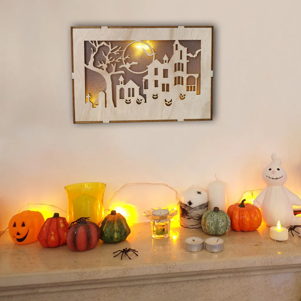 Halloween Hanging Decoration Crafts Wooden Pumpkin Haunted House Pendant LED Night Light Halloween Home Decor Clever Party Decor