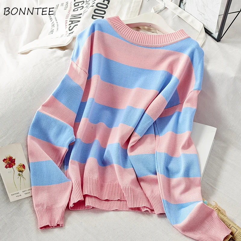 Sweaters Women Striped O-Neck All-match Sweet Simple High Quality Warm Winter Womens Top Clothing Korean Ulzzang Leisure Fashion | Женская
