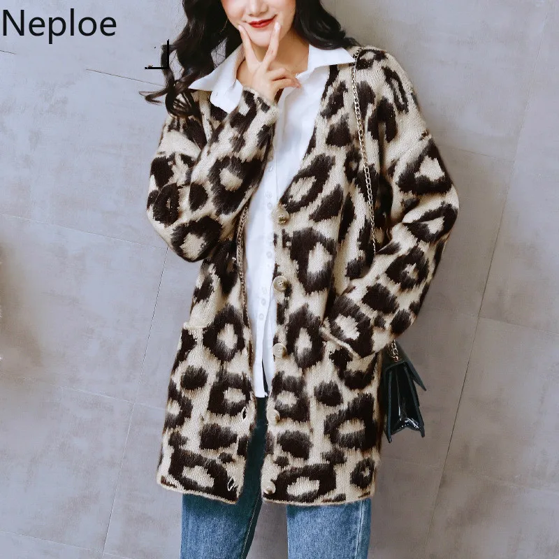 

Neploe Fashion Women Autumn Winter Leopard Long Cardigan Sweater Coat Vintage Female Plus Size Knitted Tops Pull Femme 54453