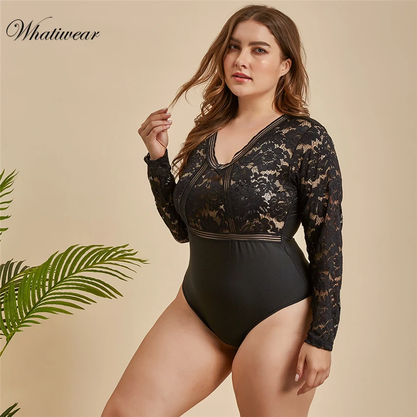 Whatiwear размера плюс глубокий v-образный вырез вышивка боди Женский длинный рукав прозрачный сексуальный кружевной боди Летний детский комбинезон