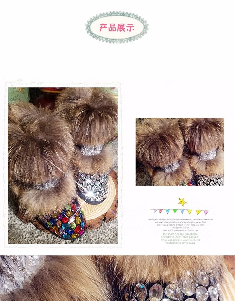 Womens Real Fox Fur Rainbow Colors Crystal Diamond Rhinestones Ankle Boots Bowknot Snow Warm Winter Flats Bling Shoes Luxury DIY