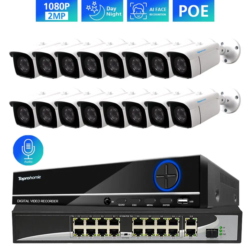 Камера Наружного видеонаблюдения TOPROHOIME H.265 + 16 каналов 5 МП POE NVR 2 Мп 1080P 200 м|Система