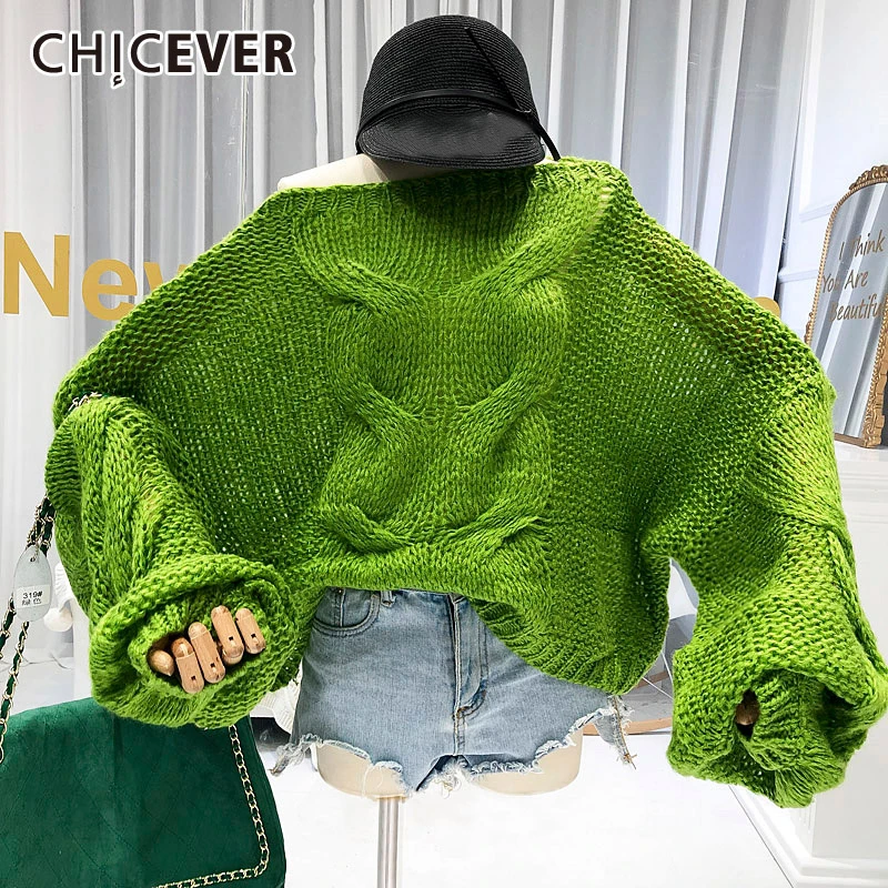 

CHICEVER Korean Knitting Pullover Women's Sweater O Neck Lantern Sleeve Oversize Loose Knitted Sweaters Female 2019 Autumn New