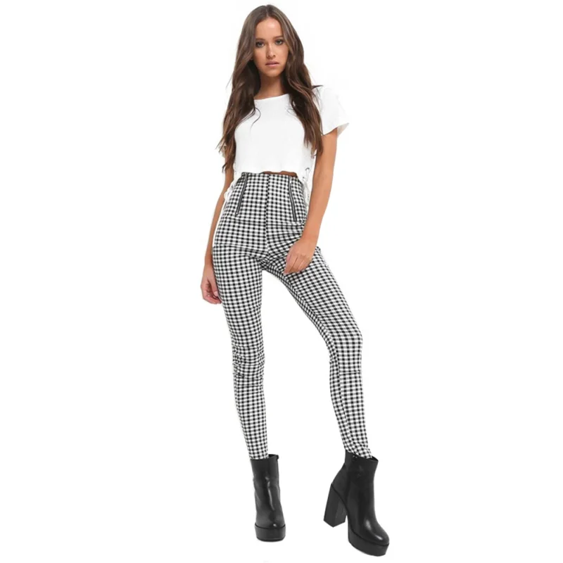 Skinny Pants Women Side Striped Trousers Gray White Plaid Pants Casual Cotton Comfortable Elastic Pants