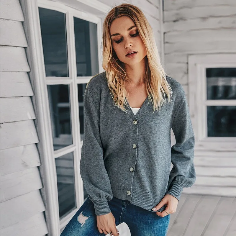 

2020 V-neck Long Sleeve Knitted Sweaters Women Solid Color Single Breasted Cardigan Fashion Woman Knitted Cardigan