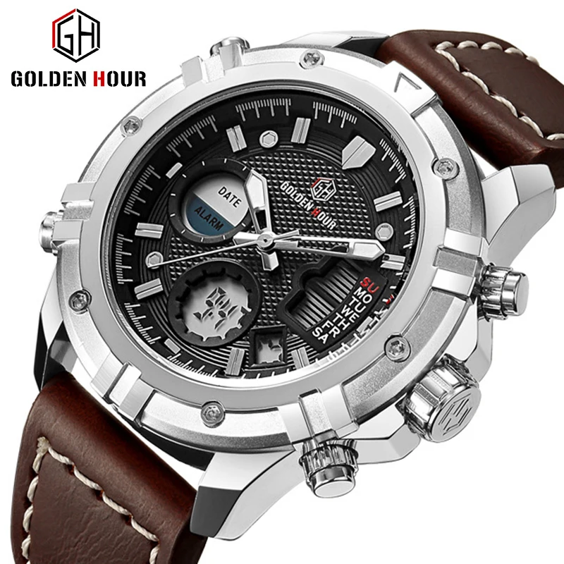 

Goldenhour Sport Watch Men Luxury Top Brand Mens Watches Quartz Dual Display Wristwatch Luminous Alarm Leather Relogio Masculino