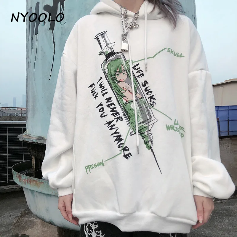 NYOOLO Harajuku уличная аниме needle girl с буквенным принтом толстовки осень зима с капюшоном пуловеры утолщенная теплая Толстовка для женщин и мужчин
