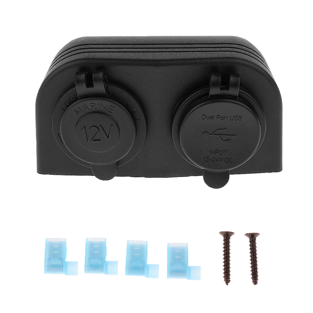 Boat Car 12V Plug Power Outlet Dual USB Charger Socket Mount Marine+wires