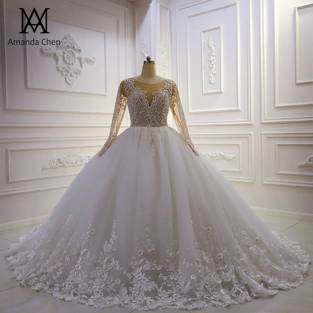Vestido de noche кружевное свадебное платье с аппликацией бисером и длинным рукавом