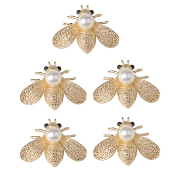 

5 Pieces Bee Shape Alloy Crystal Pearl Flatback Buttons Scrapbooking Embellishment Jewelry Making Findings Gold 40mm