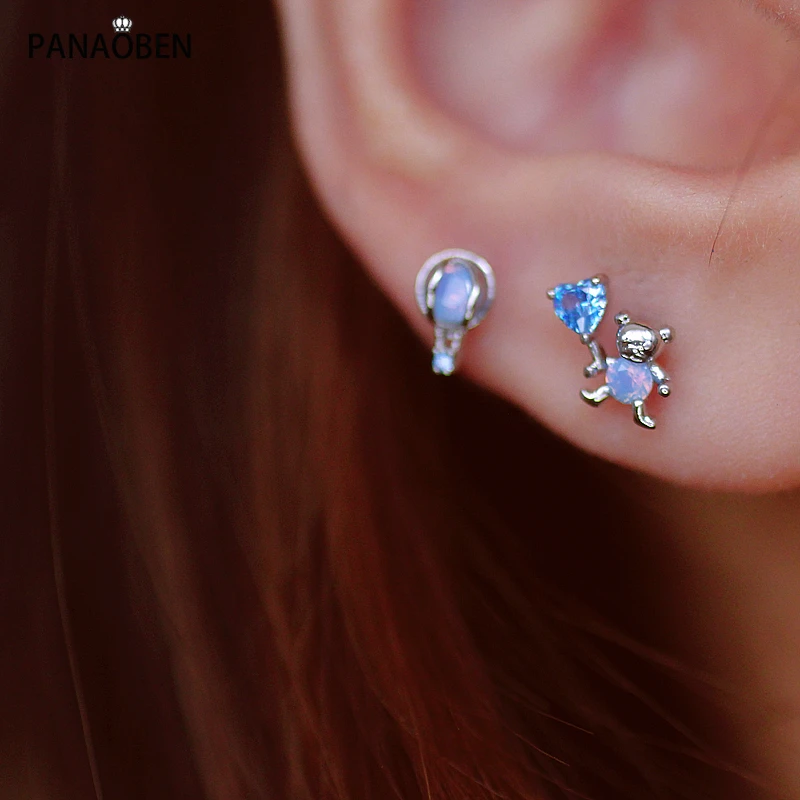 PANAOBEN 925 Sterling Silver Earrings For Women Bear Holding Balloon Stud Korea Cute Bow Pink Love | Украшения и аксессуары