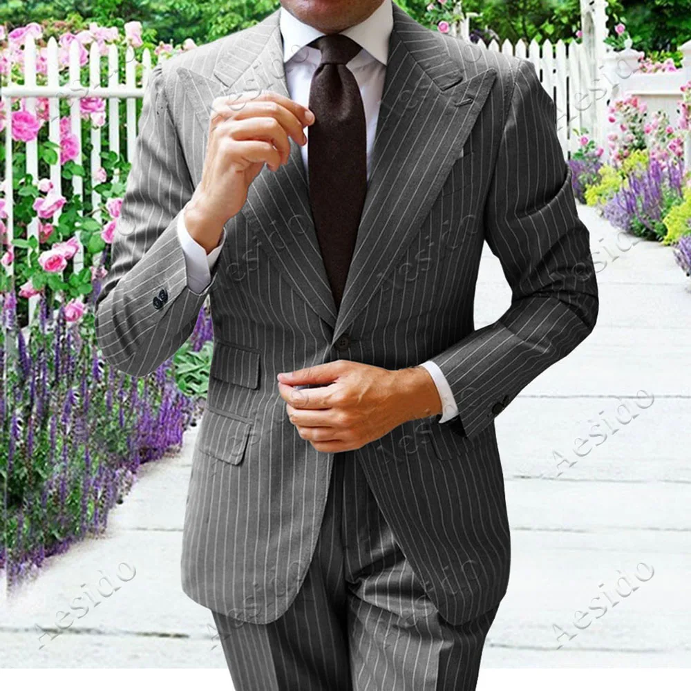 Grey Aesido формальные мужские костюмы Slim Fit 2 шт. выпускные смокинги Классический Полосатый деловой костюм пиджак блейзер брюки для Свадебные, для жениха - Цвет: Grey