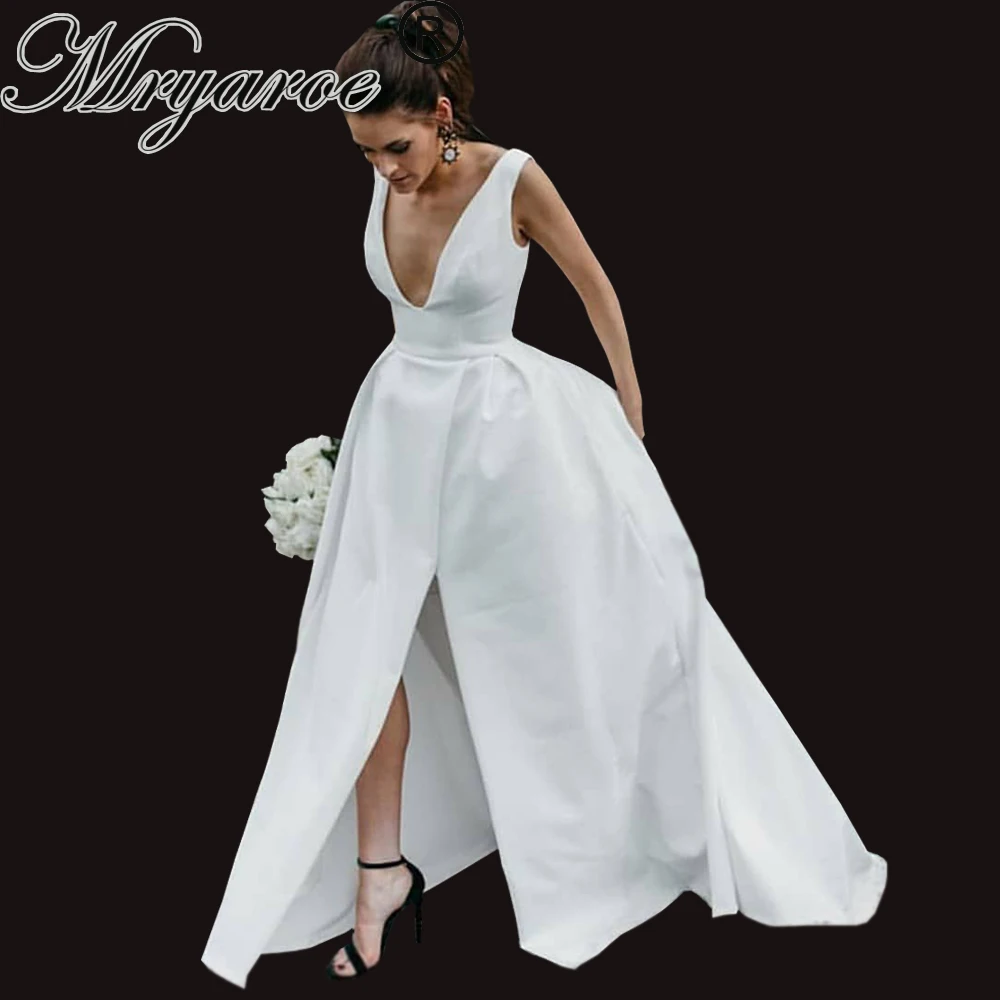 

Mryarce 2020 Simple Elegant V Neck Satin A Line Wedding Dress With Pockets Open Back Side Split Bridal Gowns