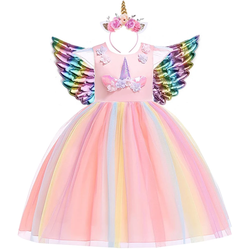 Платья-пачки для девочек с единорогом и радужными цветами, ободок с рогом, обруч для волос, комплект для детей, вечерние платья для костюмированной вечеринки
