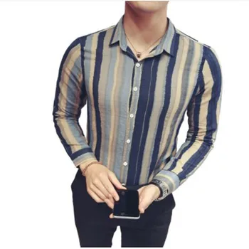 

Fashion Stripe Shirt 2017 New Blue Green Stripe Business Casual Male Shirt Stylish DJ Men Long Sleeve Shirt Camisa Homem 4XL 5XL