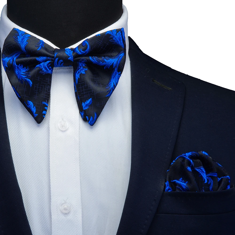 Ricnais Silk Big Bowtie Pocket Square Set Bule Red Floral Jacquard Slim Bow Tie Handkerchief Sets For Men Wedding Neck Ties