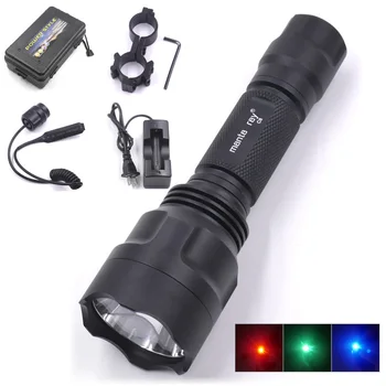 

C8 cree red green blue led hunting flashlight fishing lamp 1mode gun scope mount remote switch charger for camping