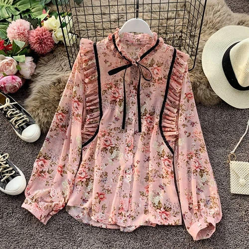 pink Neploe, стоячий воротник с деревянными ушками, шифоновая рубашка с длинным рукавом, на шнуровке, бант, дизайн, складка, Blusas, осень, весна, для отдыха, Пляжная рубашка, 48169 - Цвет: pink