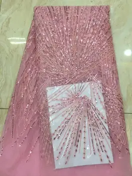 

High Quality French Mesh Milk Silk Laces Fabrics With Sequins For pink Nigerian lace Wedding Party Dress FD7731