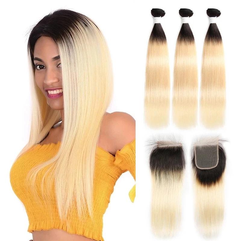 Hair-Bundles Lace-Closure EUPHORIA Blonde Platinum Straight Brazilian with 4x4 Remy 1b-613