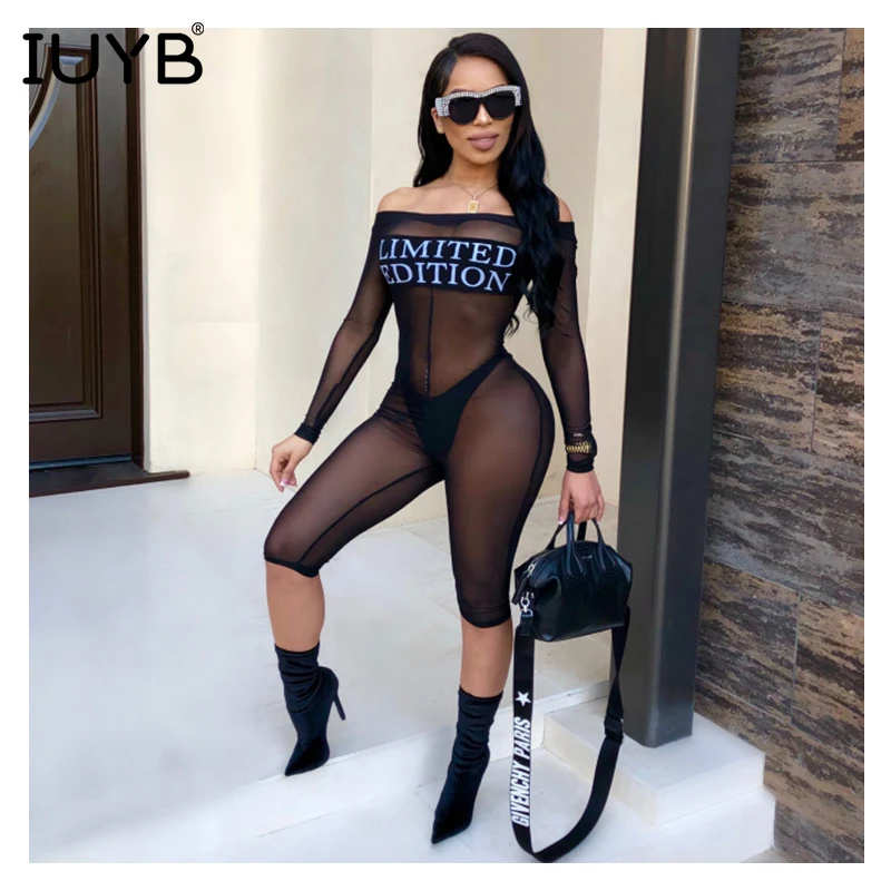 IUYB Spring High Sexy Party Design Women Mini Jumpsuits Letter Lace Slash Neck Full Sleeve Skinny Midi Romper CY8018