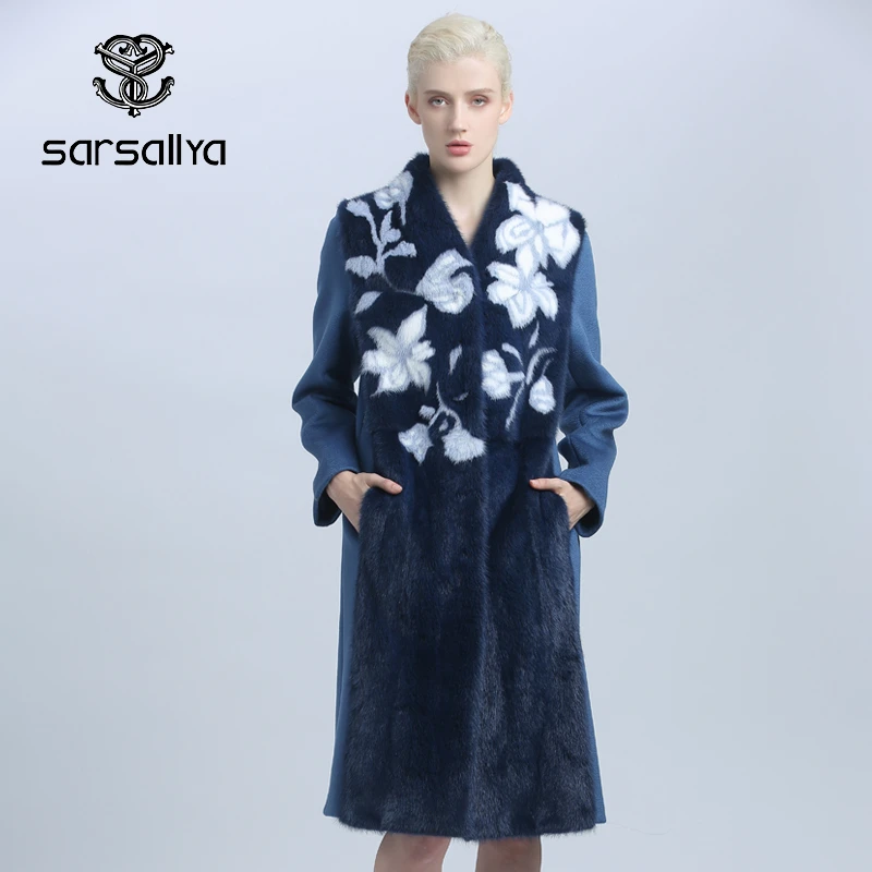 

Women Wool Cashmere Coat With Mink Fur Winter Long Female Trench Coat Real Fur Mandarin Collar A Line Long Sleeves Warm Clothes