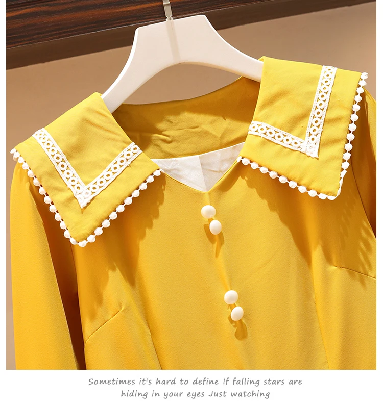 L-4XL Большие размеры женское винтажное желтое платье осень модное кружевное лоскутное милое платье трапециевидной формы с воротником Питер Пэн и длинным рукавом