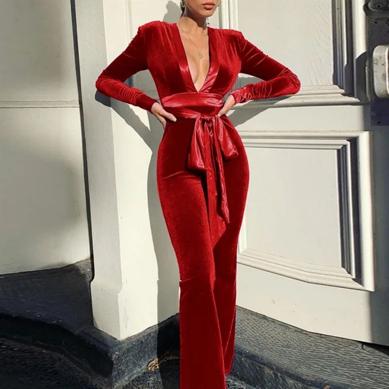 Solid Velvet Women Long Sleeve V Neck Wide Leg Jumpsuit Shoulder Pads Belt Streetwear Party Elegant 2021 Autumn Rompers