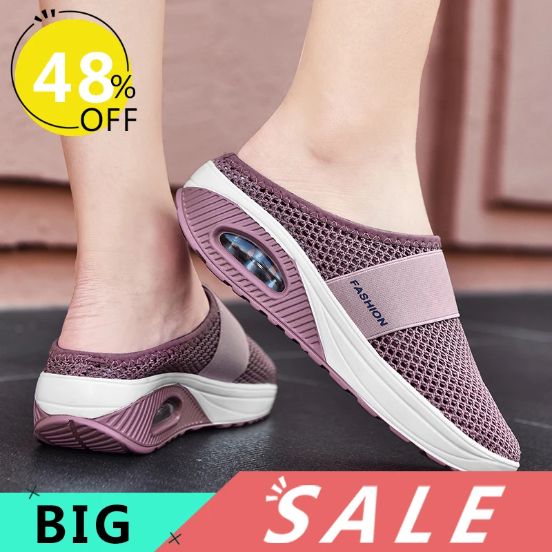Summer Women's Slippers Hollow Out Air Cushion Slip On Walking Shoes Orthopedic Diabetic Walking