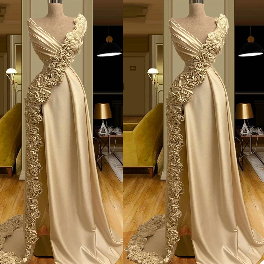 Fomal Celebrity Dresses A-line V-neck Floor Length Satin Flowers Slit Sexy Long Famous Formal Red Carpet Dresses