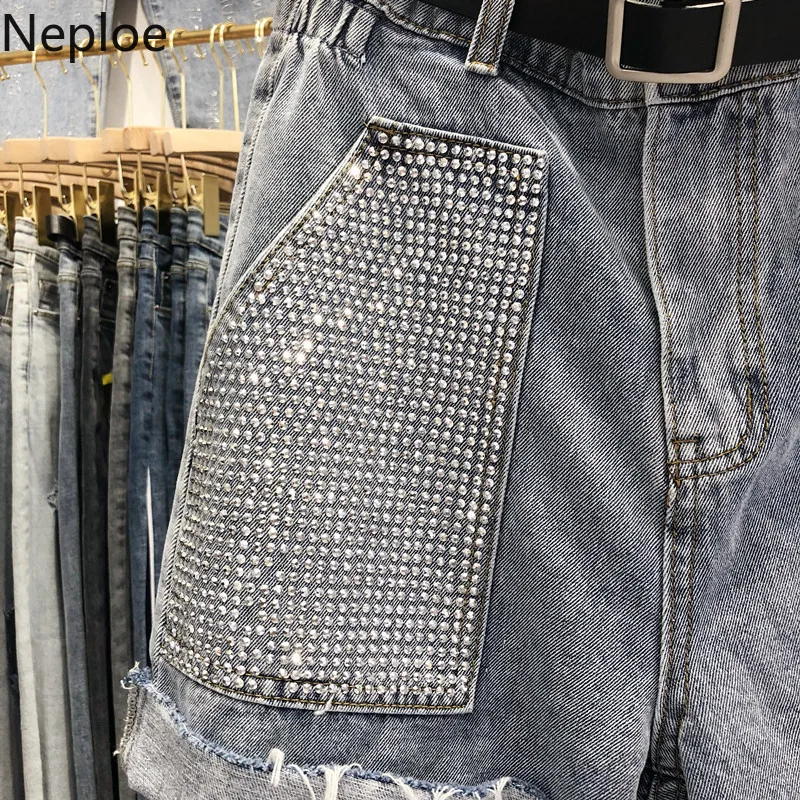 Neploe тяжелые Стразы Высокая Талия Джинсы Новое поступление карманами и поясом