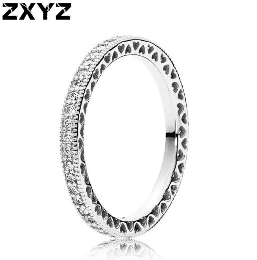 

Original 925 Sterling Silver Ring Stackable Love Hearts With Crystal Rings For Women Wedding Party Gift Europe Fashion Jewelry