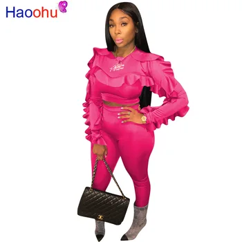

Double Side Ruffles Sexy Two Piece Sweatsuit Long Sleeve Round Neck Crop Top+Black Fitness Pant Women Clothes Casual 2 Piece Set
