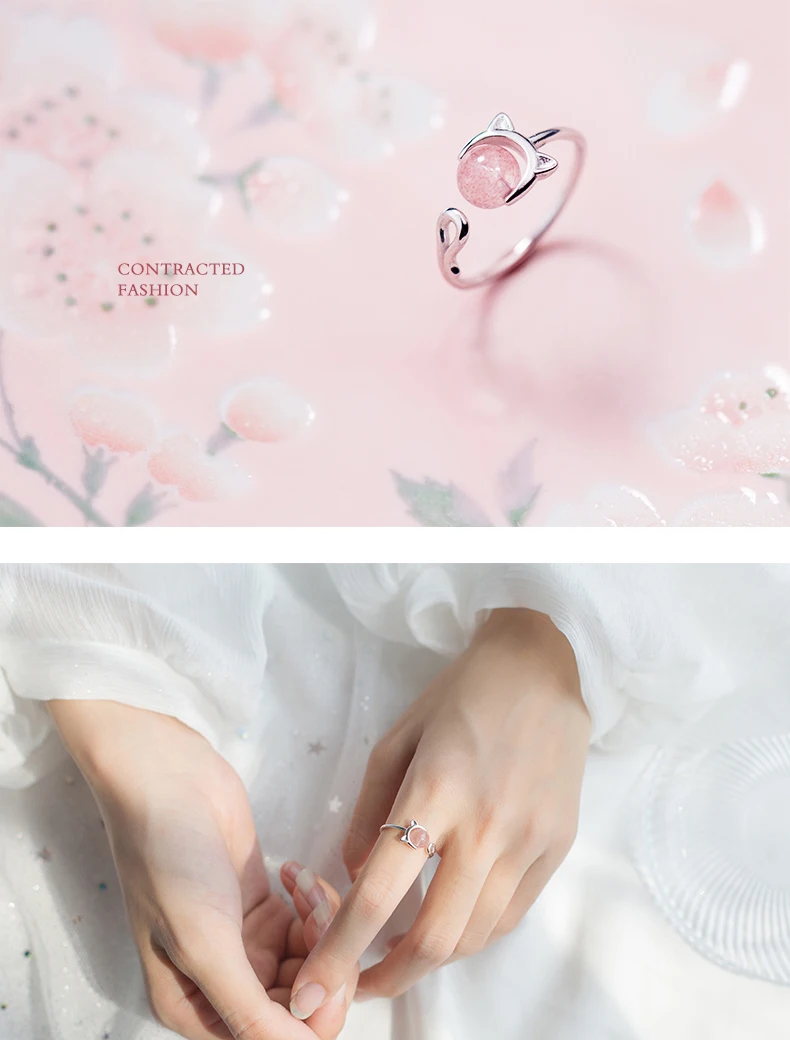 Modian Pink Crystal Cute Cat Face Open Adjustable Ring for Women Fashion Sterling Silver 925 Animal Ring Fine Jewelry Bijoux