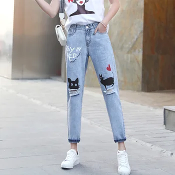 

Loose Ripped Jeans For Women Boyfriend Blue Cropped Pants Summer Fashion 2020 Baggy Denim Korean Style Female Printing Trousers
