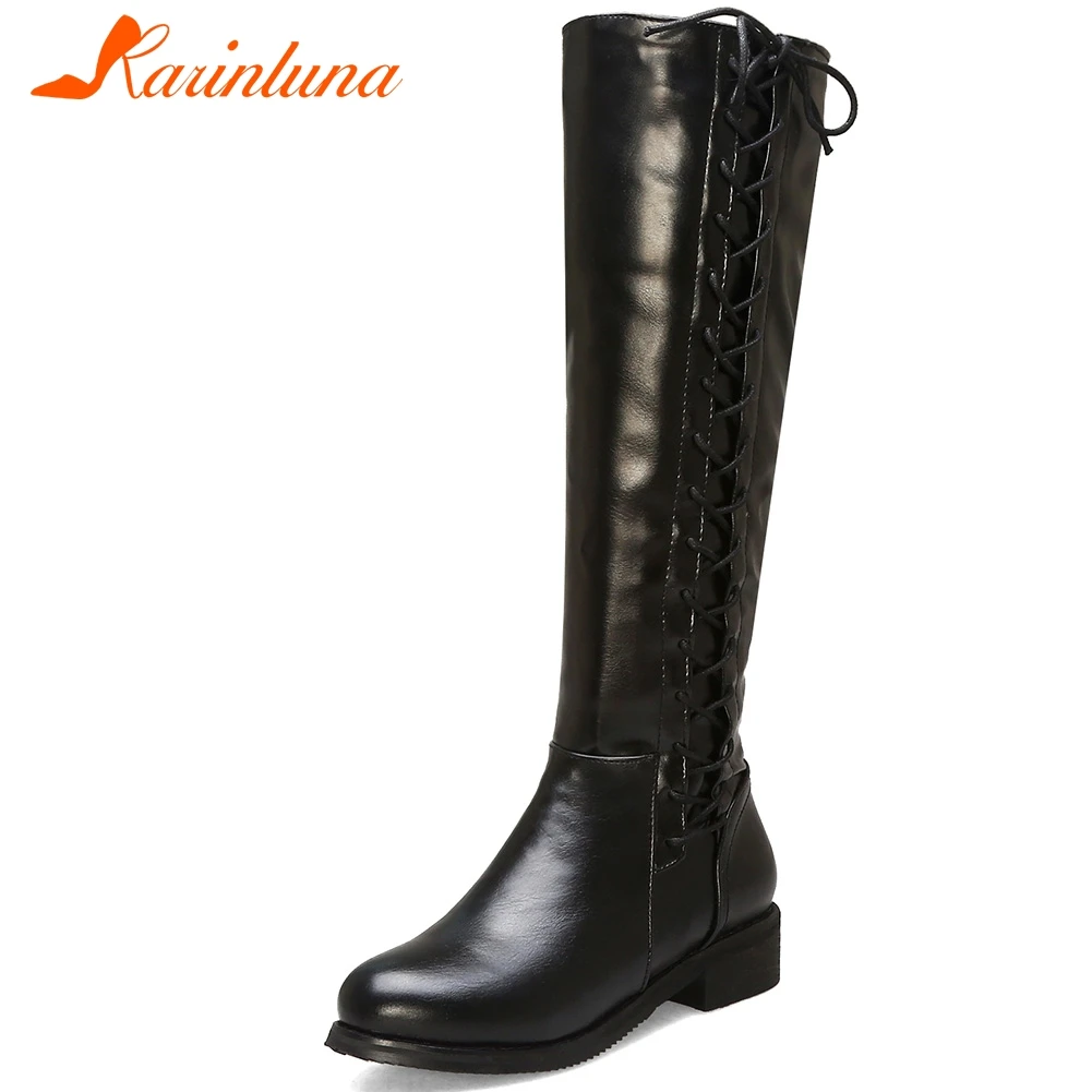 KARINLUNA/Новинка, большие размеры 32-48,, рыцарские сапоги до колена Женская Осенняя обувь года на шнуровке, женская обувь на среднем не сужающемся книзу массивном каблуке