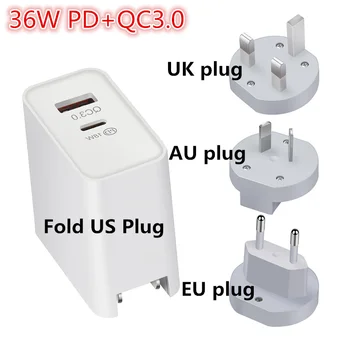 

36W Fold US plug Fast Quick Charger Type C PD and QC 3.0 USB Charger for Samsung iPhone Huawei iPad Pro EU UK AU Plug Adapter