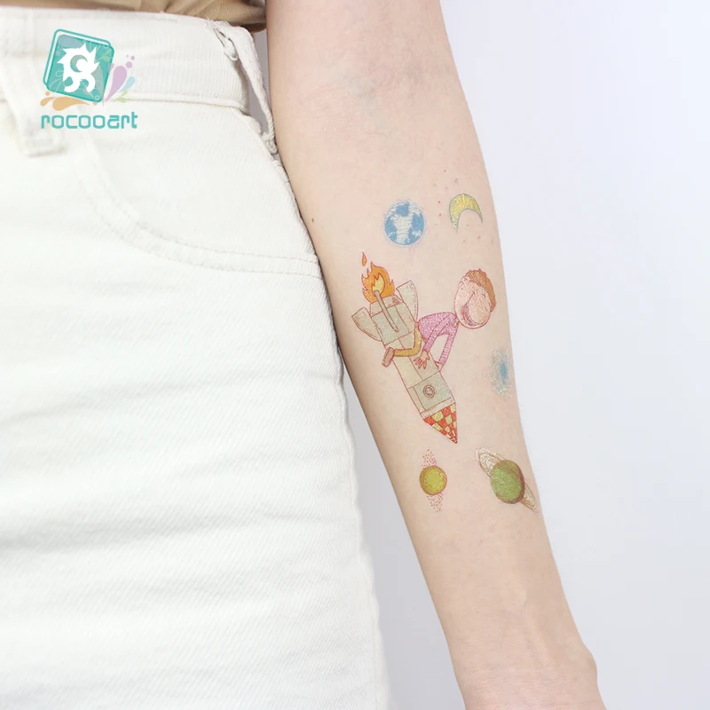 Rocooart космическая серия, светящиеся поддельные татуировки, флеш-тату, светящиеся в темноте, водонепроницаемые Временные татуировки, стикер для тела для детей