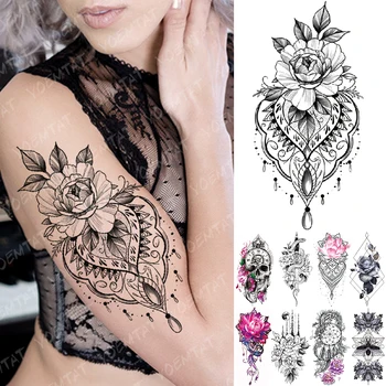 

Waterproof Temporary Tattoo Sticker Lace Rose Flowers Lotus Flash Tattoos Wolf Moon Snake Body Art Arm Fake Sleeve Tatoo Women