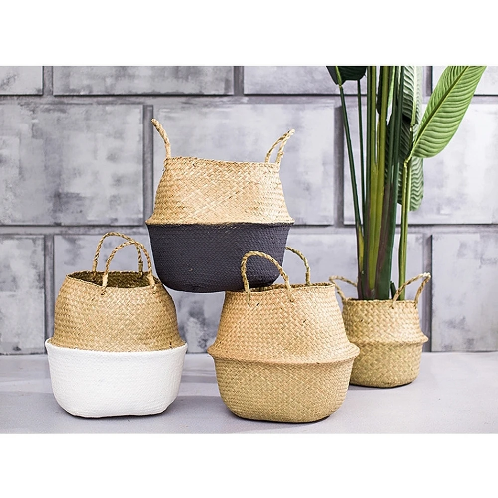 Handmade Storage Baskets Bamboo Foldable Laundry Straw Patchwork Wicker Rattan Seagrass Belly Garden Flower Pot Planter Basket