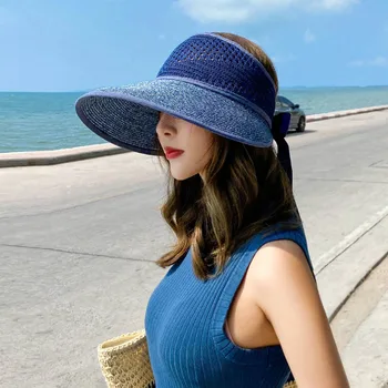 Sombrero con visera de protección solar para mujer, gorra de paja plegable, para playa, con lazo, para verano, 2020