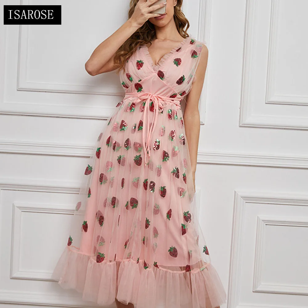 ISAROSE Sleeveless Strawberry Dress Sequins Embroidery Strawberries Voile One-piece Fashion V Neck Belted 2021 Pink Mesh Dresses