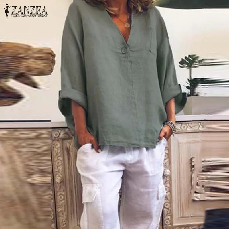 

Casual Basic Tops Women's Autumn Blouse 2019 ZANZEA Fashion V Neck Long Sleeve Shirts Female Button Work Blusas Plus Size Tunic