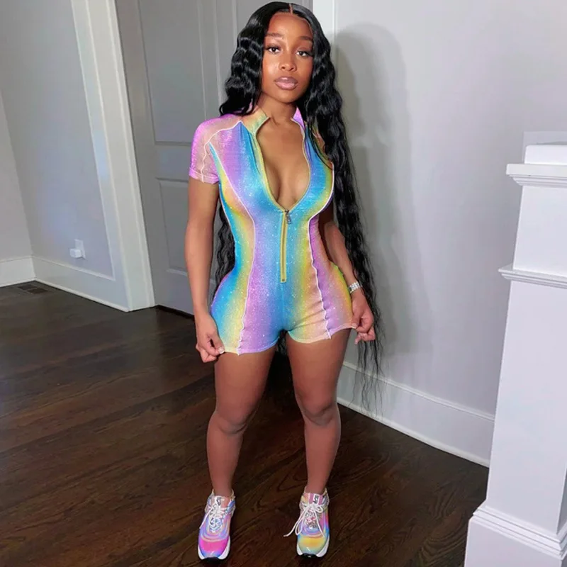 Hirigin Arco Iris empate tinte deportes trajes para mujeres 2020 Sexy trajes de Club brillo de cremallera de cuello en V Bodyocn mamelucos