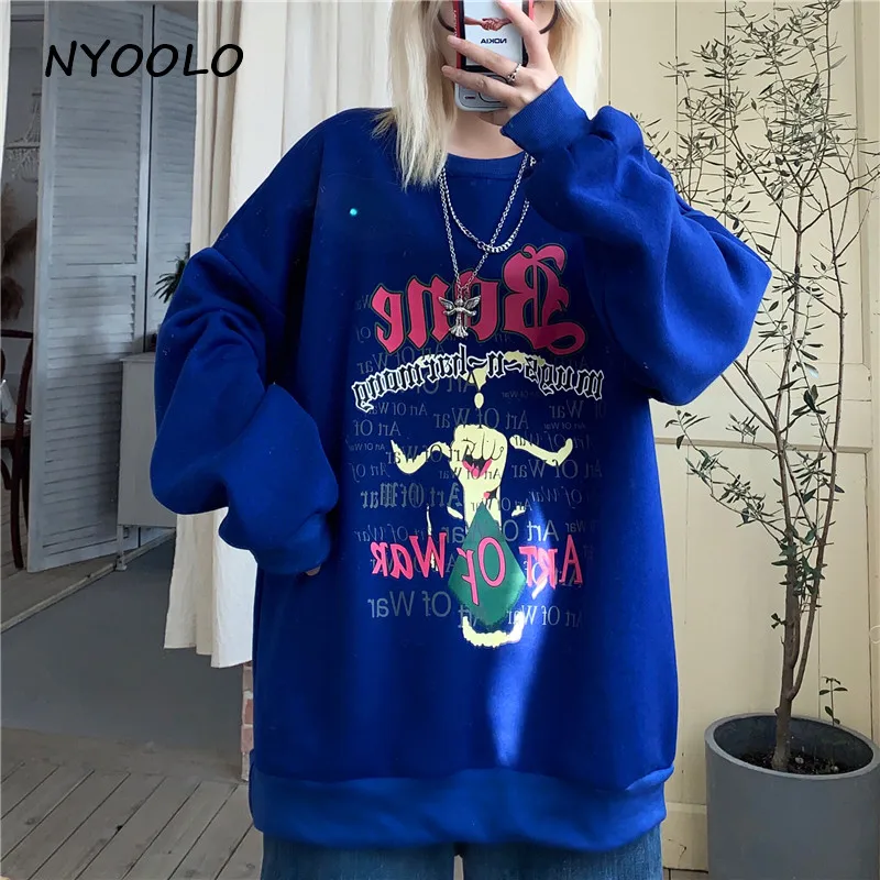 NYOOLO Harajuku уличная мультяшная печать с буквенным принтом теплая флисовая кофта осень-зима свободные пуловеры с круглым вырезом свитер женский топ