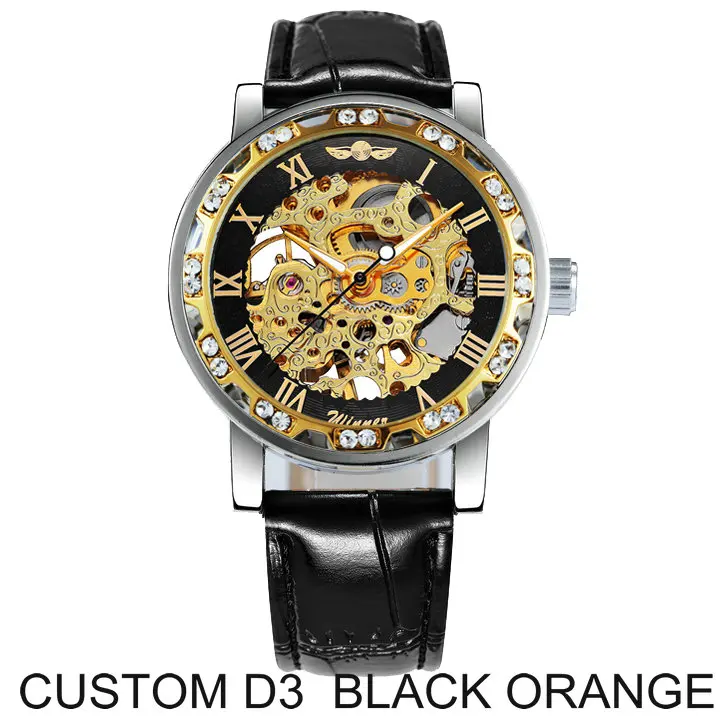 D3 BLACK ORANGE WINNER официальный бренд роскошные часы мужские Скелет механические часы Кристалл Iced Out Кожаный ремешок наручные часы подарок для влюбленных - Цвет: D3 BLACK ORANGE